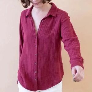 Xirena Scout Cotton Chelsea Gauze Top Burgundy Red Long Sleeve Button Down Med